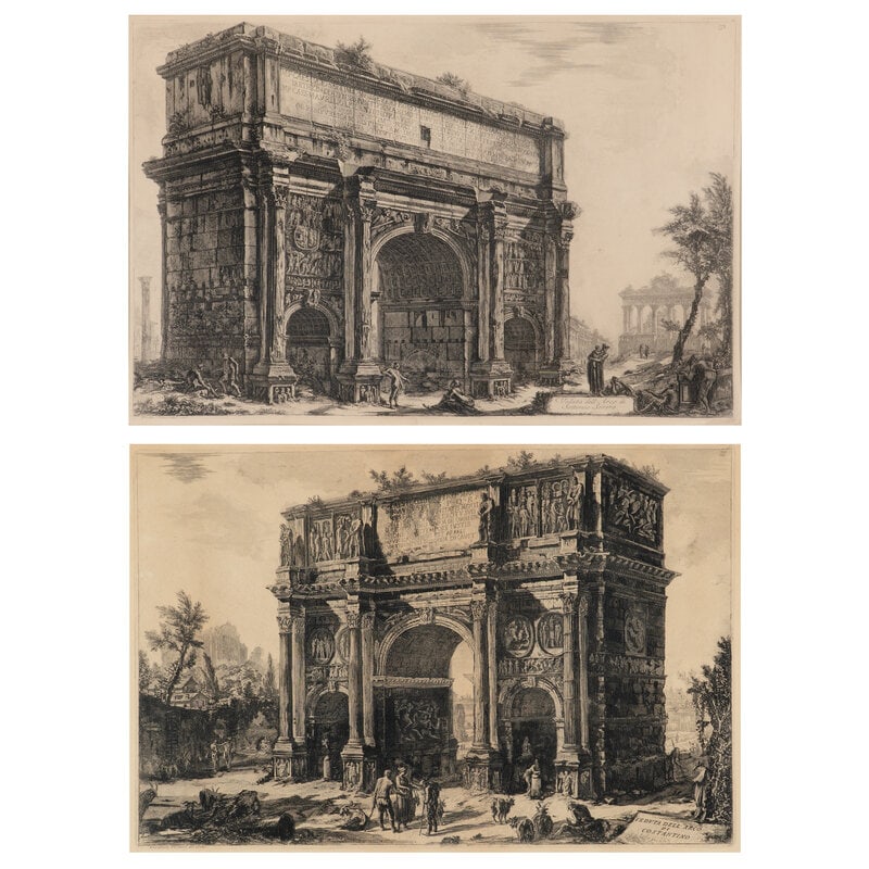 Giovanni Battista Piranesi (Italian, 1720-1778) A pair of Veduta dell'Arco di Constantino; Veduta de: Giovanni Battista Piranesi(Italian, 1720-1778)A pair of Veduta dell'Arco di Constantino; Veduta dell'Arco di Settimio Severo, from Vedute di Roma 2each sight 19 1/4 x 28 3/4in Property of a