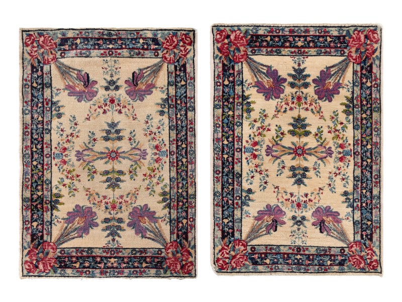 A Pair of Kirman Mats: A Pair of Kirman Mats First Half 20th Century 2 feet 10 inches x 2 feet. This lot is located in Chicago. ConditionNo significant damage or repairs. Would benefit from cleaning; some surface soil and