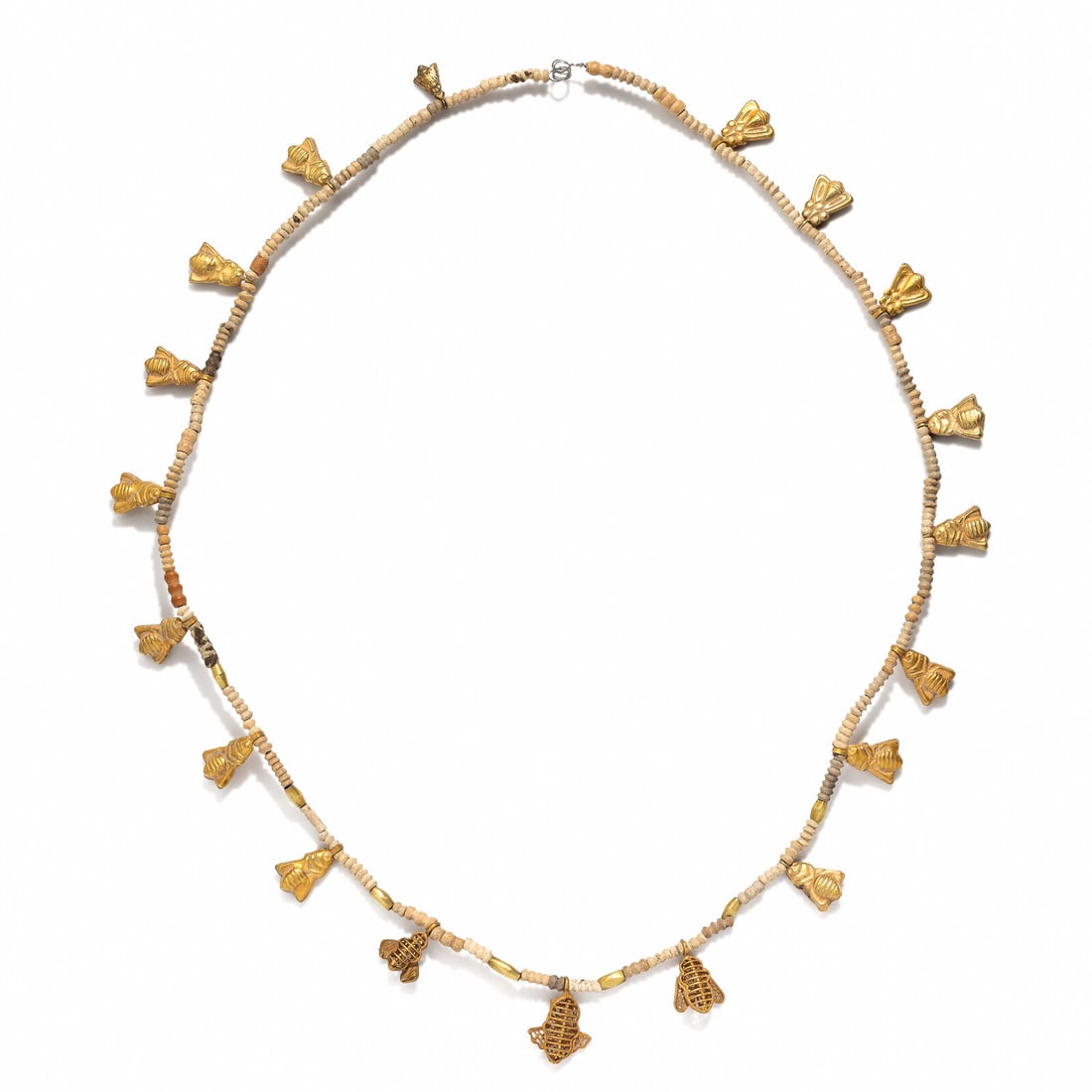 An Egyptian Gold and Bead Necklace with Bee Amulets: An Egyptian Gold and Bead Necklace with Bee Amulets Third Intermediate Period, 21st-22nd Dynasty, 1070-664 B.C. Length 54.5 cm (21 1/2 inches); High karat gold; 15.21 grams. Property from a California