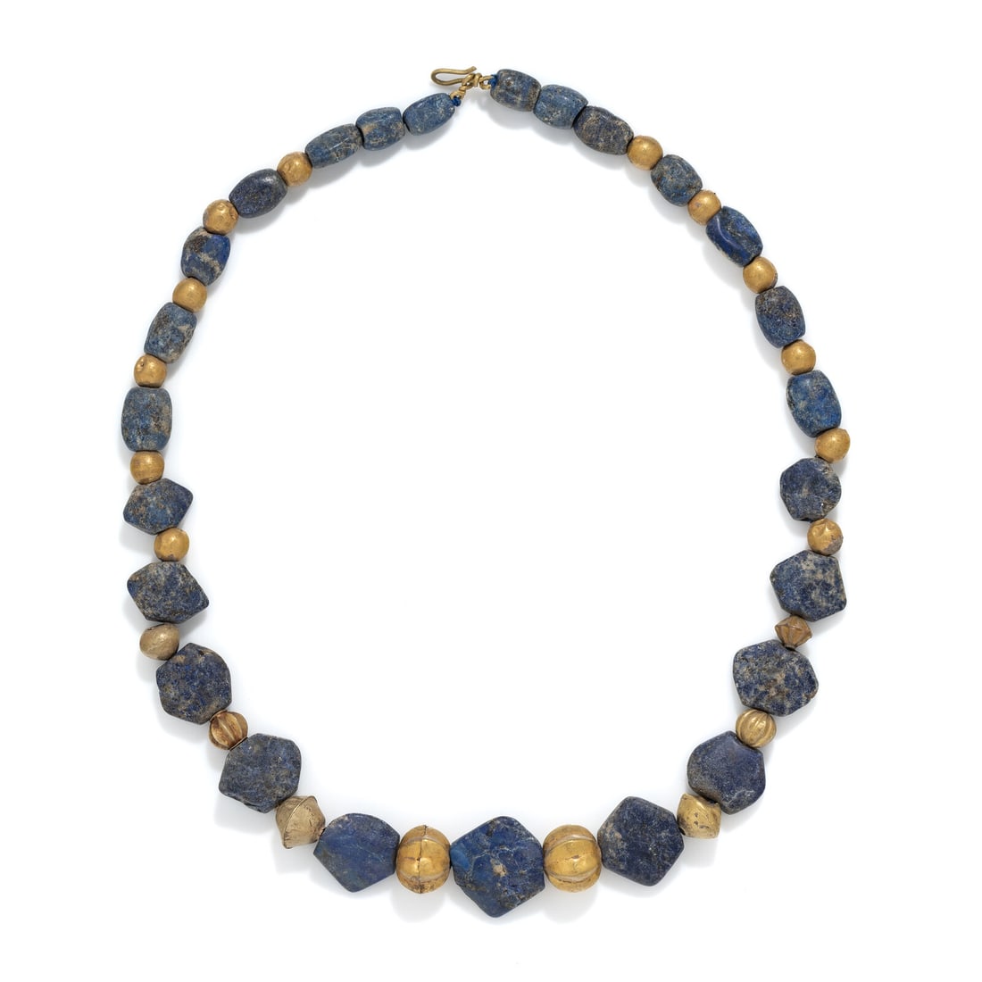 A Sumerian Gold and Lapis Lazuli Necklace: A Sumerian Gold and Lapis Lazuli Necklace Circa 3rd-2nd Millennium B.C. Length 52.7 cm (20 3/4 inches); High karat gold; 72 grams. Provenance: Private Collection, Bergen County, New Jersey, formed in