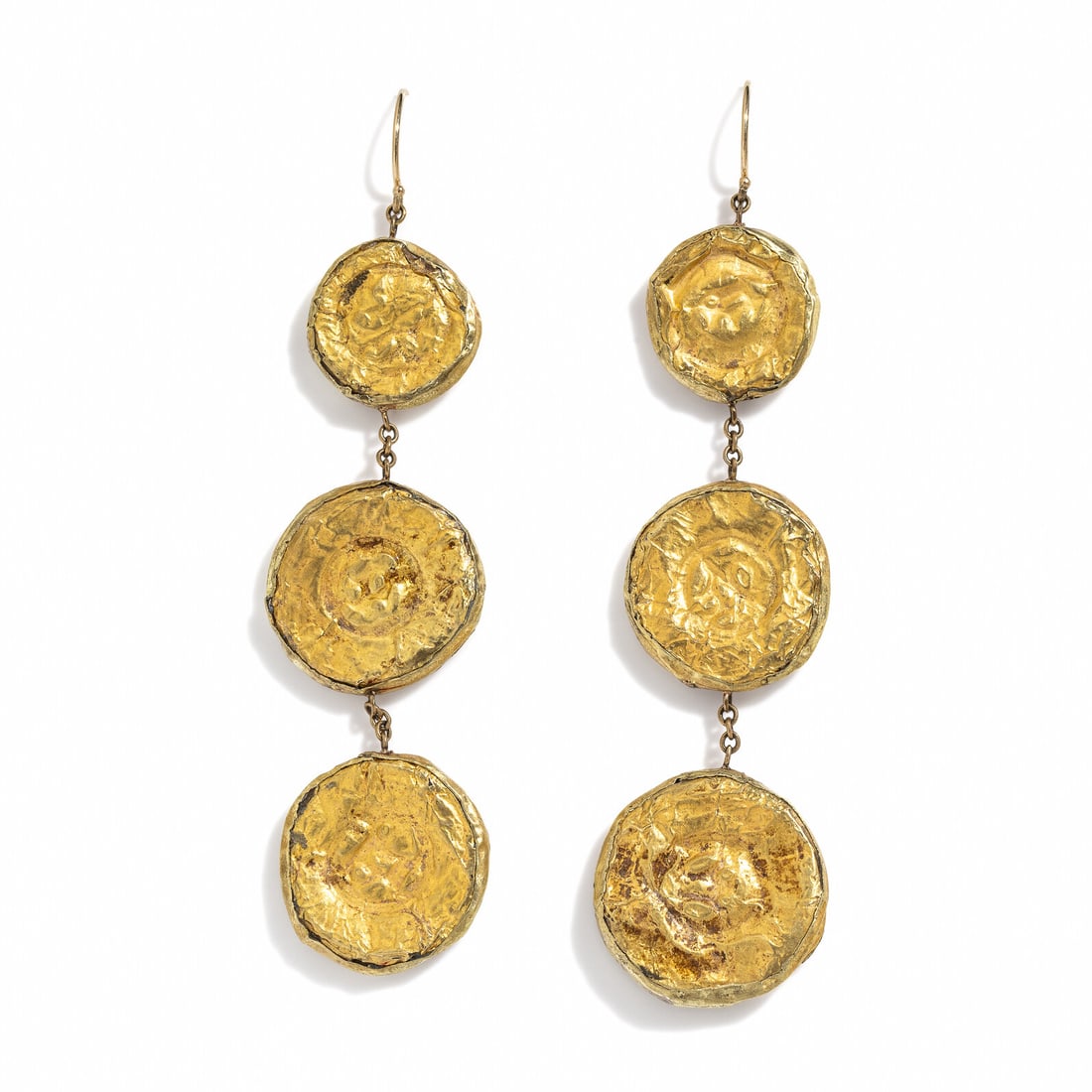 A Pair of East Greek Gold Earrings: A Pair of East Greek Gold Earrings Strung with modern gold loops Circa 5th-4th Century B.C. Height of tallest 8.8 cm (3 1/2 inches); High karat gold; 9.61 grams. Provenance: Private Collection, New Yo