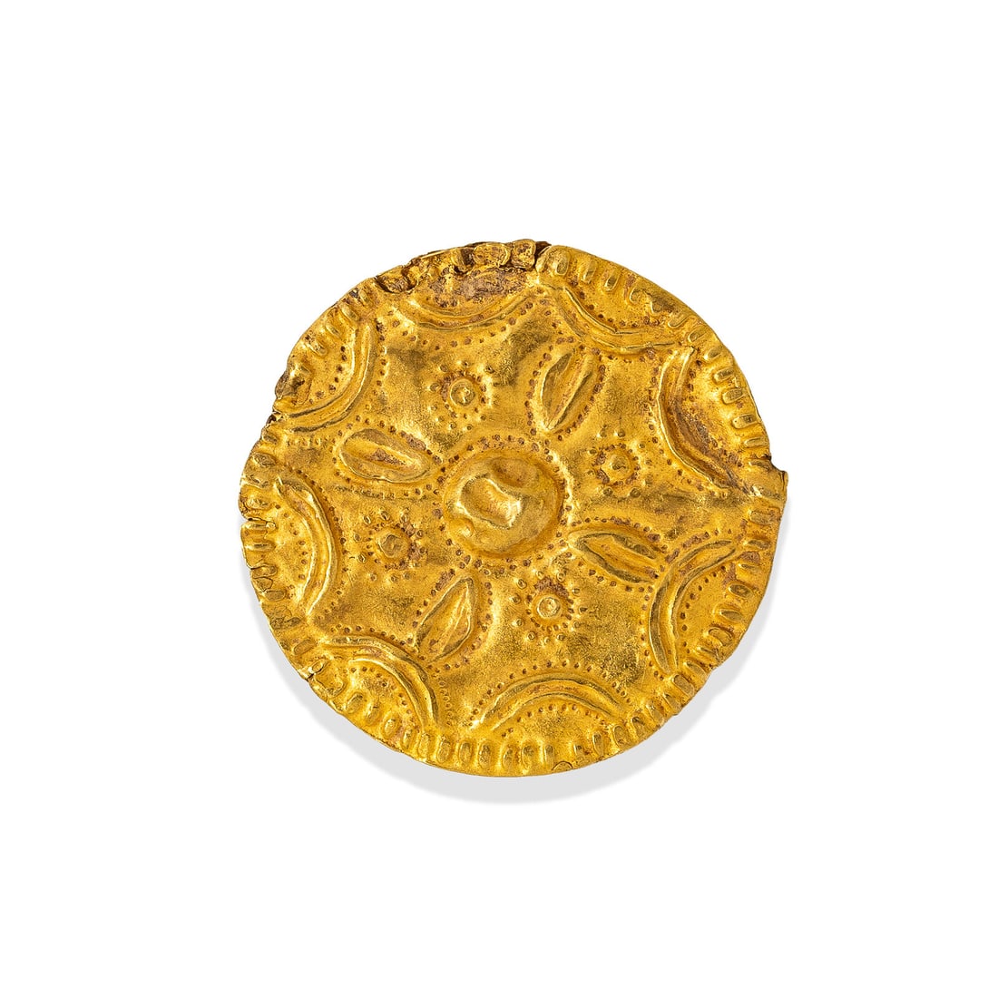 A Hellenistic Gold Double-Sided Rosette: A Hellenistic Gold Double-Sided Rosette Circa 2nd-1st Century B.C. Diameter 3.4 cm (1 3/8 inches); High karat gold; 4.72 grams. Provenance: Private Collection, New York, 2000s.