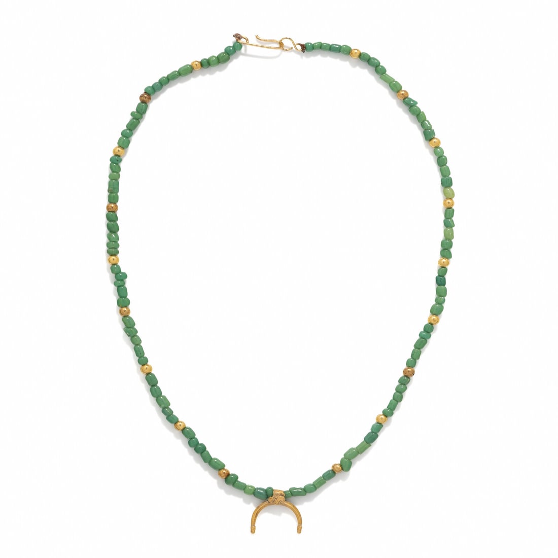A Greek Green Glass and Gold Bead Necklace: A Greek Green Glass and Gold Bead Necklace Circa 4th Century B.C. Length 44.5 cm (17 1/2 inches); High karat gold; 9 grams. Property from a Private Brooklyn Collection Provenance: Kay Serhal