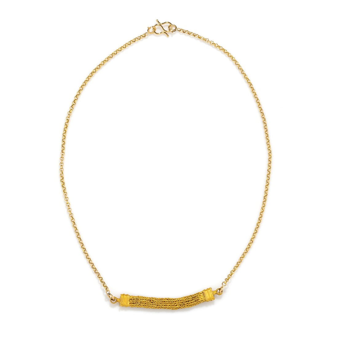 A Hellenistic Gold Braided Chain Necklace Element: A Hellenistic Gold Braided Chain Necklace Element with a modern gold chain Circa 2nd-1st Century B.C. Length 42.5 cm (16 3/4 inches); High karat gold; 11.07 grams. Provenance: Private Collection, Berg