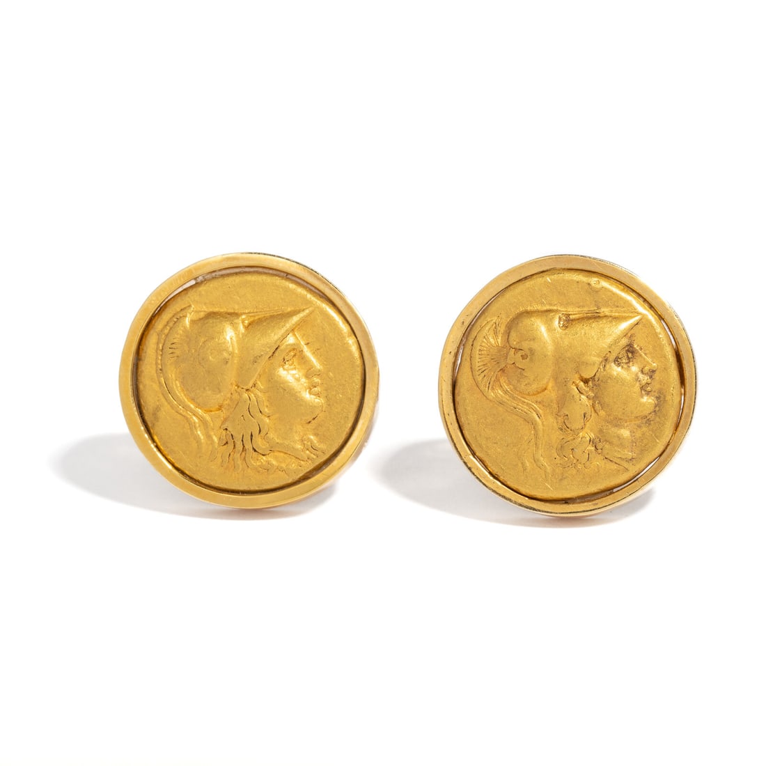 Two Greek Gold Staters: Two Greek Gold Staters Set in cufflinks Macedonia, Alexander III the Great, Circa 330-320 B.C. Length of cufflinks 2.3 cm (7/8 inch); High karat gold (coins); 27.49 grams. Provenance: Private