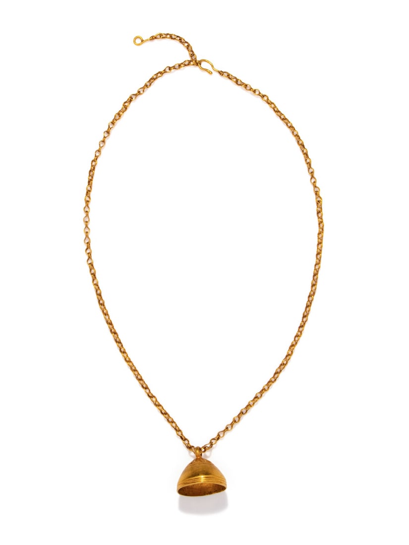 A Greek Gold Necklace with a Bell-Shaped Pendant: A Greek Gold Necklace with a Bell-Shaped Pendant Circa 4th-1st Century B.C. Width of pendant 2.5 cm (1 inch); High karat gold; 25.36 grams. Provenance: Private Collection, New York, 2000s.