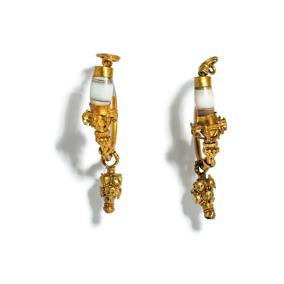 A Pair of Eastern Roman Gold and Agate Hoop Earrings: A Pair of Eastern Roman Gold and Agate Hoop Earrings Circa 1st-2nd Century A.D. Height 5.5 cm (2 1/8 inches); High karat gold; 13.23 grams. Provenance: Private Collection, Bergen County, New Jersey,