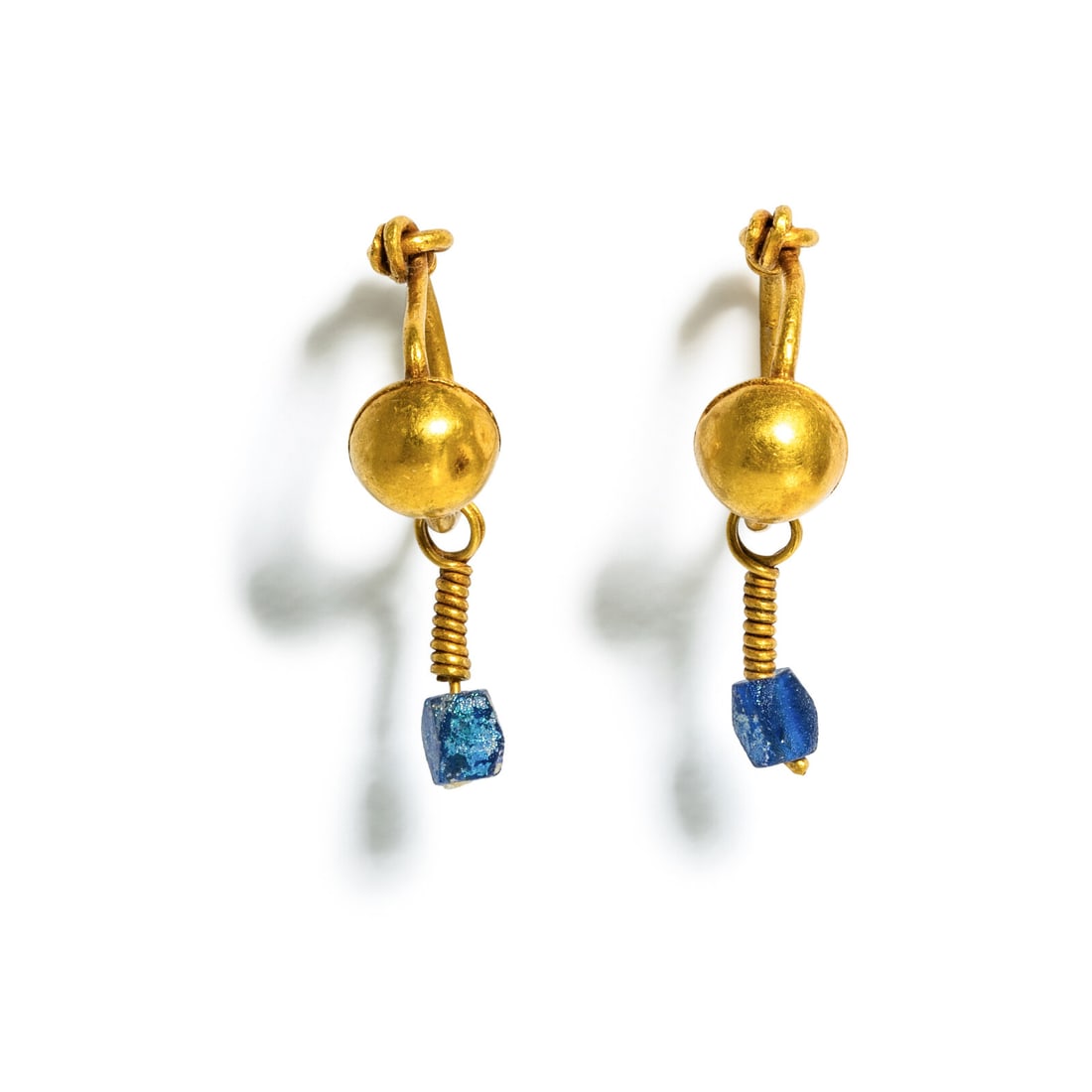 A Pair of Roman Gold and Glass Earrings: A Pair of Roman Gold and Glass Earrings Circa 2nd-3rd Century A.D. Height 2.7 cm (1 1/8 inches); High karat gold; 3.57 grams. Provenance: Private Collection, Bergen County, New Jersey, formed in the