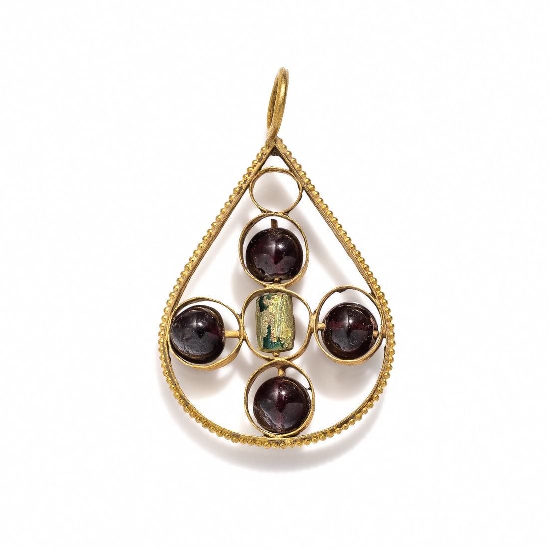 A Late Roman Gold, Garnet, and Glass Pendant: A Late Roman Gold, Garnet, and Glass Pendant Circa 3rd-5th Century A.D. Height 3.5 cm (1 3/8 inches); High karat gold; 3.9 grams. Provenance: Private Collection, New York, 2000s.