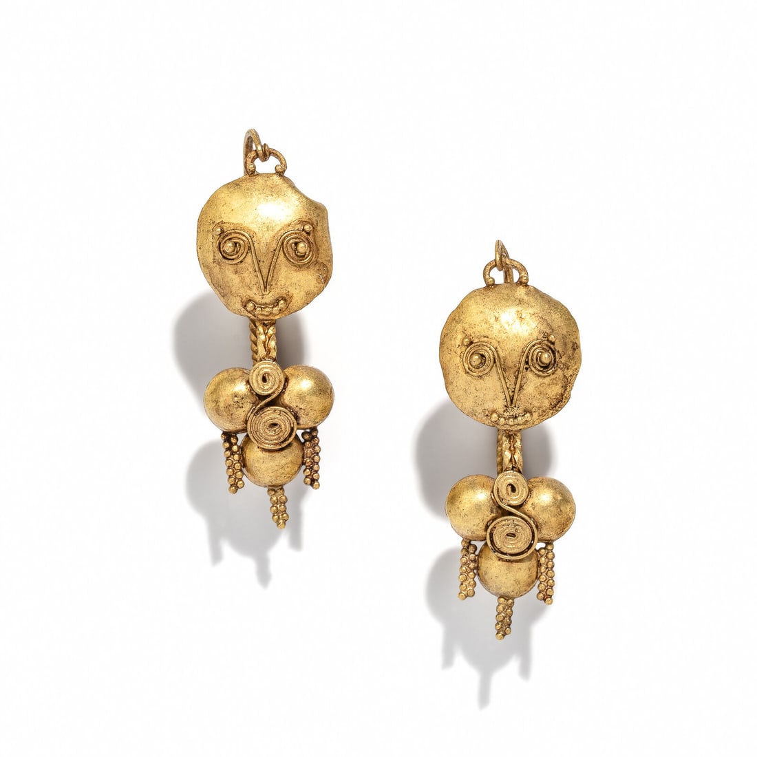 A Pair of Roman Gold Earrings: A Pair of Roman Gold Earrings Circa 2nd-3rd Century A.D or Later. Height 4.3 cm (1 3/4 inches); High karat gold; 8.52 grams. Property from a California Private Collection