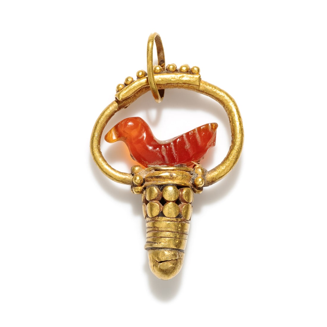 A Mycenaean Gold and Carnelian Earring: A Mycenaean Gold and Carnelian Earring Height 2.2 cm (7/8 inch); High karat gold; 2.63 grams.