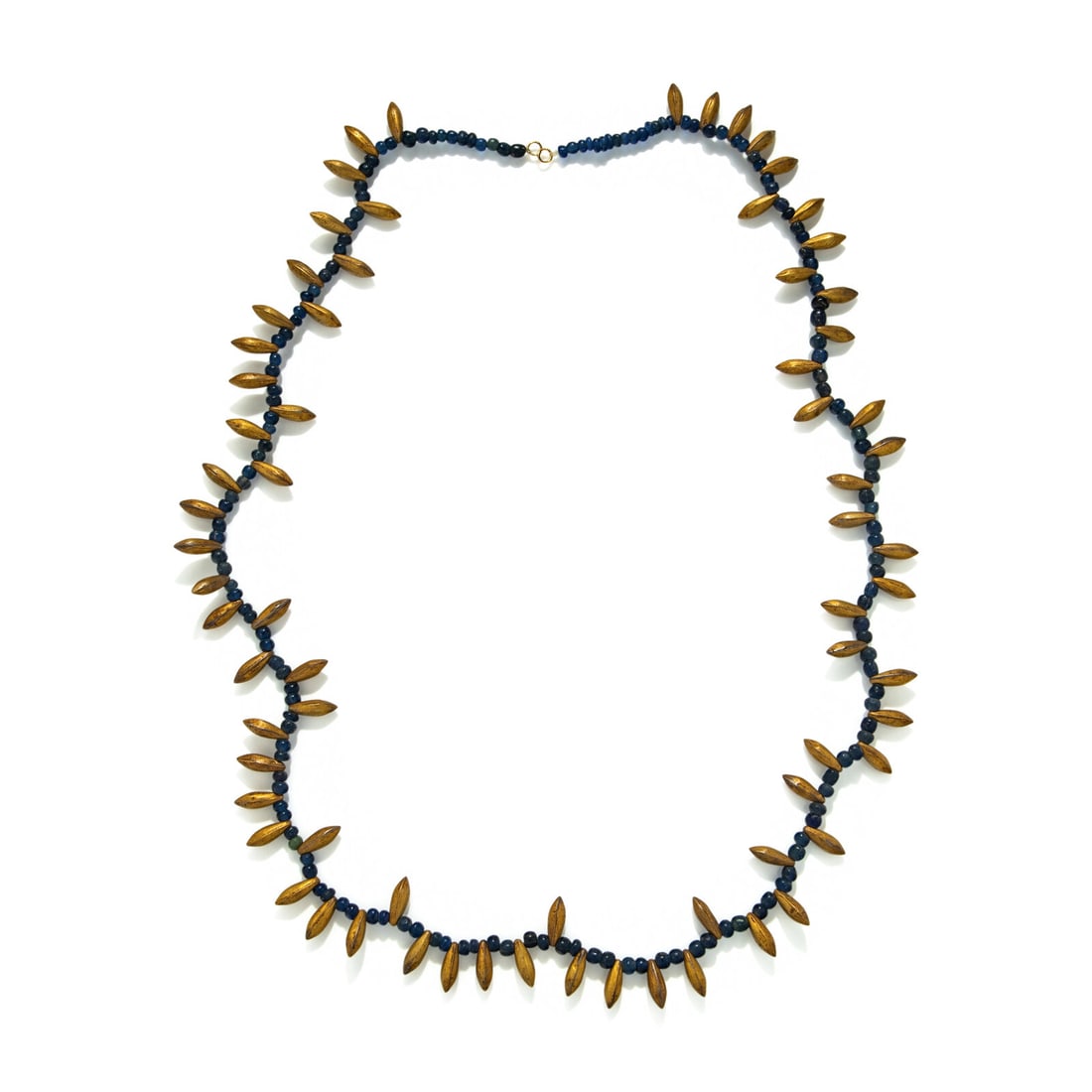 A Parthian Gold and Blue-Glass Bead Necklace: A Parthian Gold and Blue-Glass Bead Necklace Circa 2nd-1st Century B.C. Length 91 cm (35 7/8 inches); High karat gold; 70.89 grams. Provenance: Mehdi Mahboubian (1921-2005), New York and London.