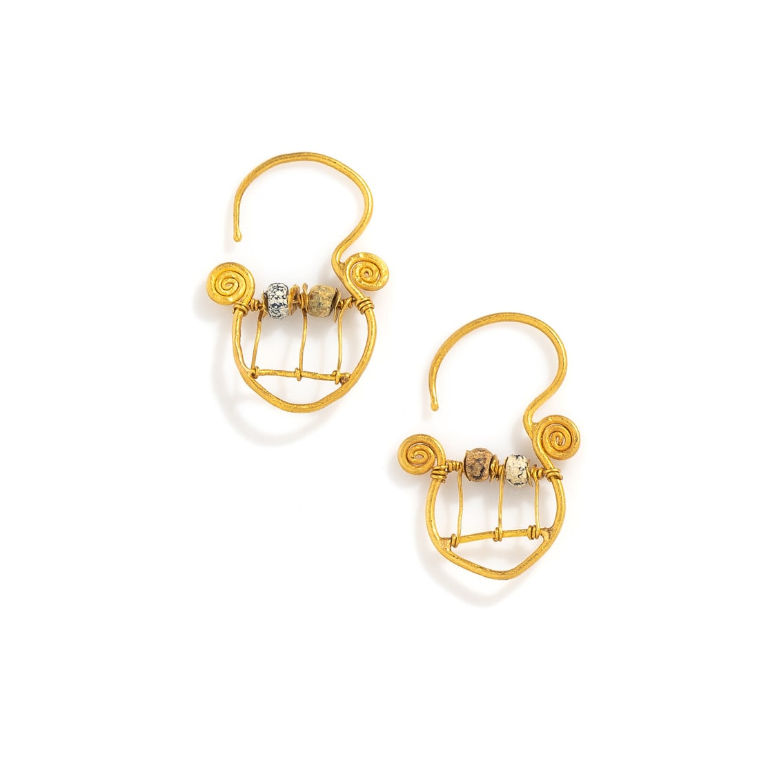 A Pair of Byzantine Gold and Glass Bead Earrings: A Pair of Byzantine Gold and Glass Bead Earrings Circa 5th-7th Century A.D. Height 2.6 cm (1 inch); High karat gold; 2.63 grams. Provenance: Private Collection, Bergen County, New Jersey, formed in th