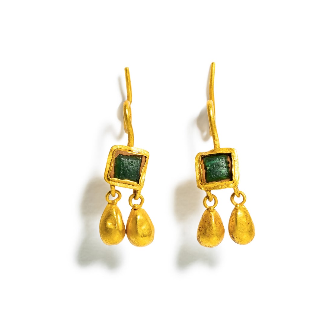 A Pair of Byzantine Gold and Emerald Earrings: A Pair of Byzantine Gold and Emerald Earrings Circa 5th-7th Century A.D. Height 3.4 cm (1 3/8 inches); High karat gold; 4.87 grams. Provenance: Private Collection, Bergen County, New Jersey, formed in