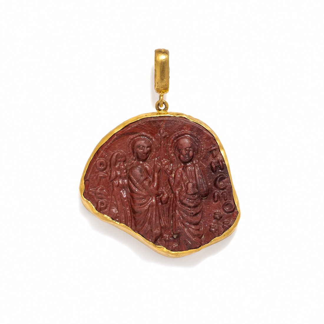 A Byzantine or Venetian Glass Paste Cameo Fragment with the Annunciation: A Byzantine or Venetian Glass Paste Cameo Fragment with the Annunciation Set in a gold pendant Circa 12th-13th Century A.D. Width 3.9 cm (1 1/2 inches); High karat gold; 15 grams. Provenance: Ward