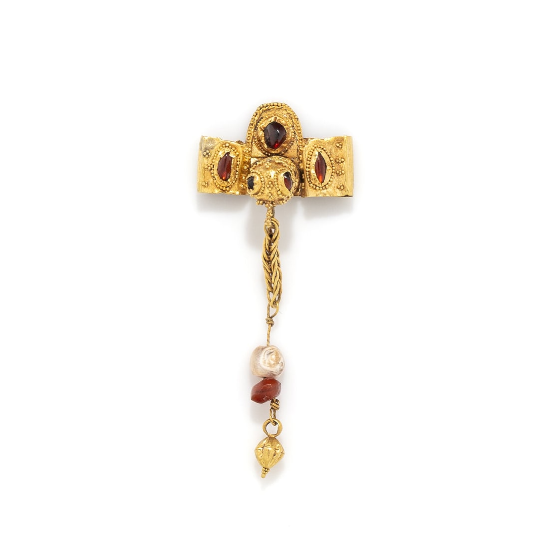 A Late Roman or Early Byzantine Gold and Garnet Ornament in the Form of a Bird: A Late Roman or Early Byzantine Gold and Garnet Ornament in the Form of a Bird Circa 4th-6th Century A.D. Height 6 cm (2 3/8 inches); High karat gold; 2.84 grams. Provenance: Private Collection, New