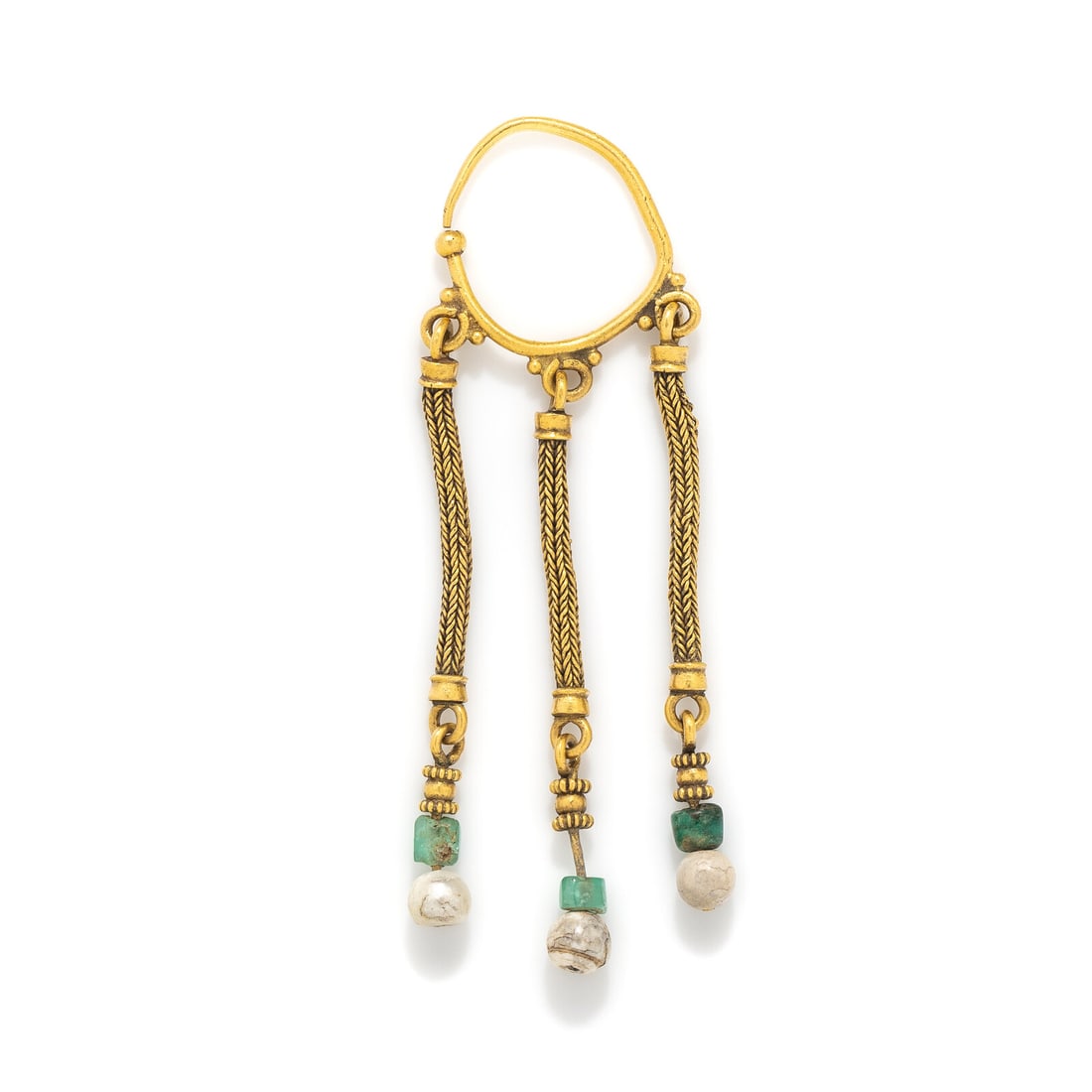 A Byzantine Gold, Emerald, and Pearl Earring: A Byzantine Gold, Emerald, and Pearl Earring Circa 6th-7th Century A.D. Height 8.9 cm (3 1/2 inches); High karat gold; 19.63 grams. Provenance: Private Collection, New York, 2000s.