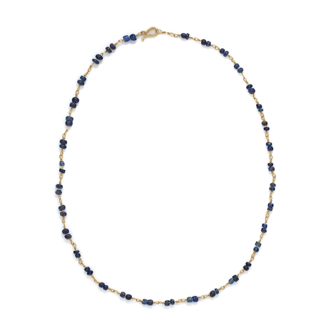 A Byzantine Gold and Blue Glass Bead Necklace: A Byzantine Gold and Blue Glass Bead Necklace Circa 6th-10th Century A.D. Length 50.5 cm (19 7/8 inches); High karat gold; 9.59 grams. Provenance: Private Collection, Bergen County, New Jersey, formed
