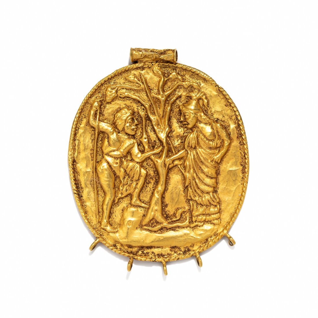 A Greco-Roman Style Gold Pendant with Jason and the Golden Fleece: A Greco-Roman Style Gold Pendant with Jason and the Golden Fleece After the Antique Height 8.9 cm (3 1/2 inches); High karat gold; 21.75 grams. Property from a California Private Collection