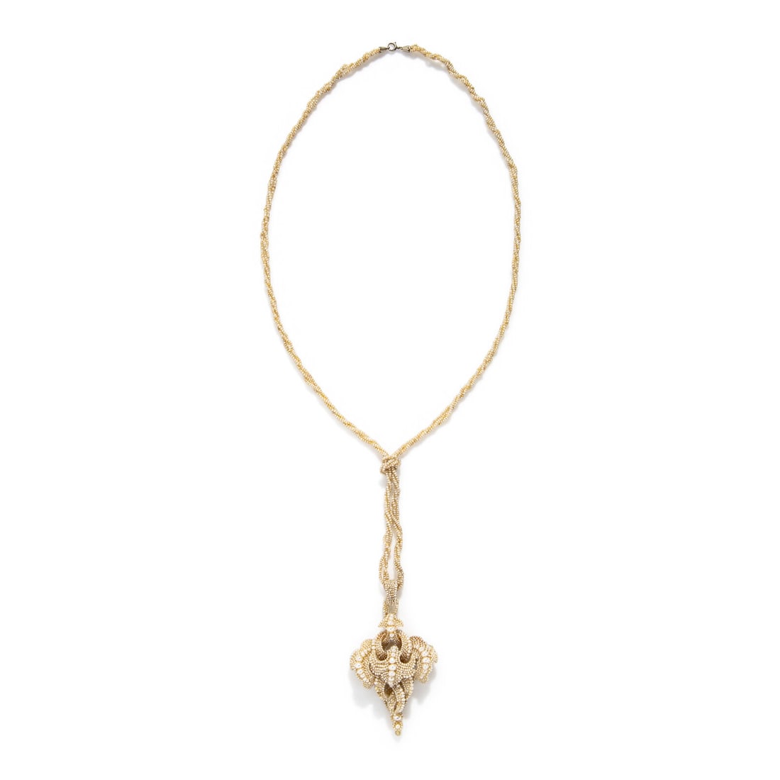 GEORGIAN, SEED PEARL PENDANT NECKLACE: GEORGIAN, SEED PEARL PENDANT NECKLACE Three strands of seed pearls with a threaded pearl and seed pearl pendant mounted on mother-of-pearl. 21 inches long. Pendant drop: 5 1/2 inches. Gross weight: 13