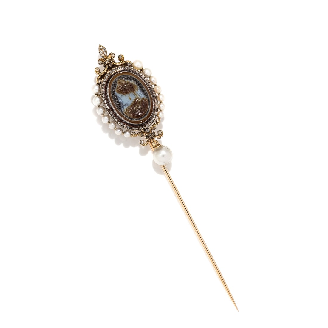 ANTIQUE, BANDED AGATE CAMEO, SEED PEARL, AND DIAMOND STICK PIN: ANTIQUE, BANDED AGATE CAMEO, SEED PEARL, AND DIAMOND STICK PIN Oval banded agate cameo measuring approximately 17.55 x 13.10 mm, graduated seed pearls, cultured pearl drop measuring approximately