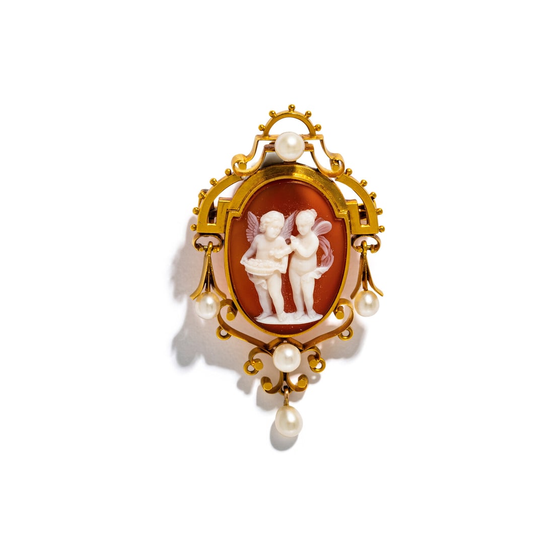 ANTIQUE, CHERUB CAMEO, YELLOW GOLD, AND CULTURED PEARL PENDANT BROOCH: ANTIQUE, CHERUB CAMEO, YELLOW GOLD, AND CULTURED PEARL PENDANT BROOCH Carved shell cameo measuring approximately 23.00 x 17.00 mm and cultured pearls. Yellow gold. 2 x 1 inches. Gross weight: 7.45
