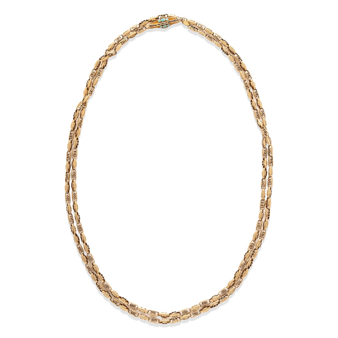 VICTORIAN, YELLOW GOLD FANCY LINK NECKLACE: VICTORIAN, YELLOW GOLD FANCY LINK NECKLACE Round and oval cabochon turquoise clasp. Yellow gold. 52 1/2 inches long. Gross weight: 30.65 dwt. Property from the Estate of Mrs. Joan S. Kanof, New York,