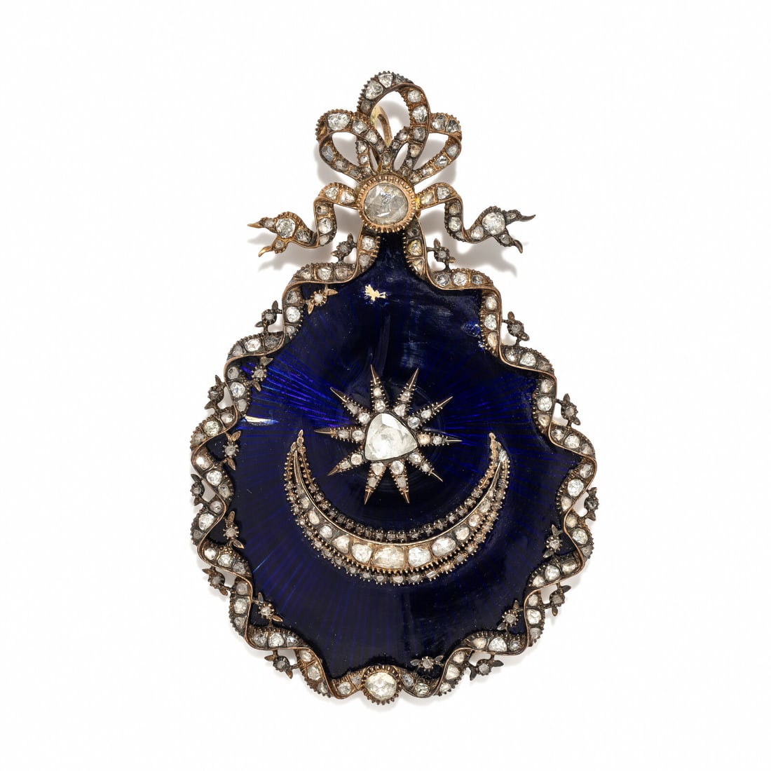 DIAMOND AND ENAMEL SUN AND MOON BROOCH: DIAMOND AND ENAMEL SUN AND MOON BROOCH Rose cut diamonds and blue guilloché enamel. 14 karat rose and yellow gold. 3 5/8 x 1 3/8 inches. Stamp: 14K. Gross weight: 32.30 dwt. This lot is located i