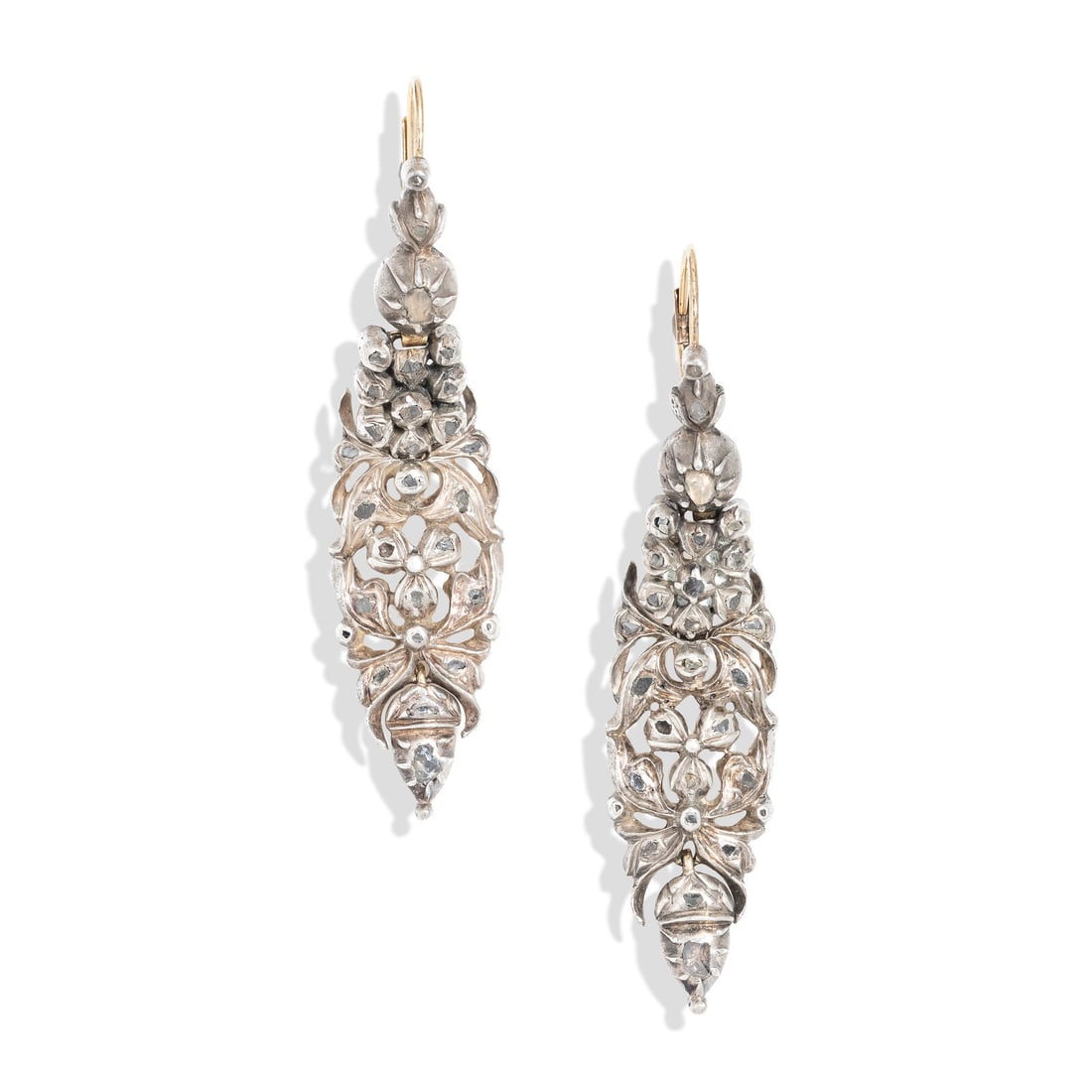 ANTIQUE SILVER TOPPED LOW KARAT GOLD EARRINGS: ANTIQUE SILVER TOPPED LOW KARAT GOLD EARRINGS Rose and table cut diamonds. Silver topped low karat gold. 2 inches long. Gross weight: 11.25 dwt. Property of a Chicago Lady This lot is located in