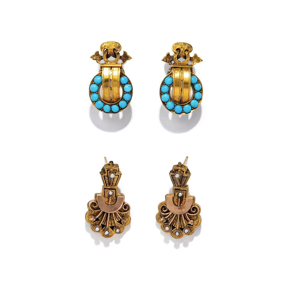 VICTORIAN, TWO PAIRS OF YELLOW GOLD EARRINGS: VICTORIAN, TWO PAIRS OF YELLOW GOLD EARRINGS Including two pairs of earrings, one set with round cabochon turquoise and the other set with seed pearls and black tracery enamel. Yellow and rose gold.