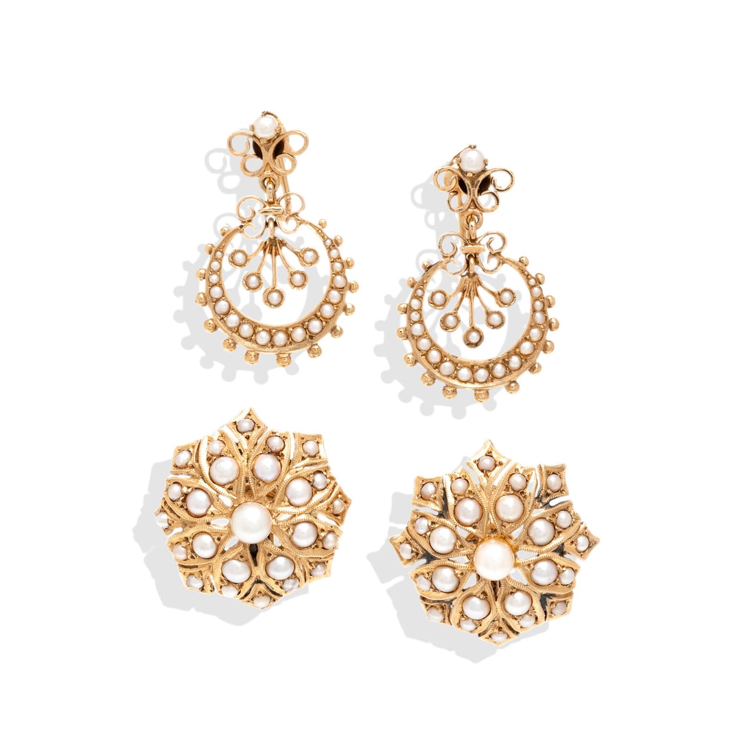 TWO PAIRS OF YELLOW GOLD AND CULTURED PEARL EARRINGS: TWO PAIRS OF YELLOW GOLD AND CULTURED PEARL EARRINGS The first set with seed pearls and cultured pearls measuring approximately 1.50 - 4.60 mm, and the second set with seed pearls. Yellow gold. 1 1/8