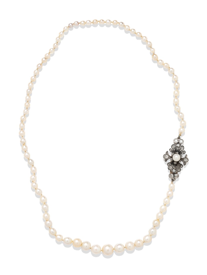NATURAL AND CULTURED PEARL NECKLACE WITH SILVER-TOPPED GOLD AND DIAMOND CLASP: NATURAL AND CULTURED PEARL NECKLACE WITH SILVER-TOPPED GOLD AND DIAMOND CLASP Graduating natural pearls measuring 3.66 - 8.15 mm, and five cultured pearls, the clasp set with old mine and rose cut