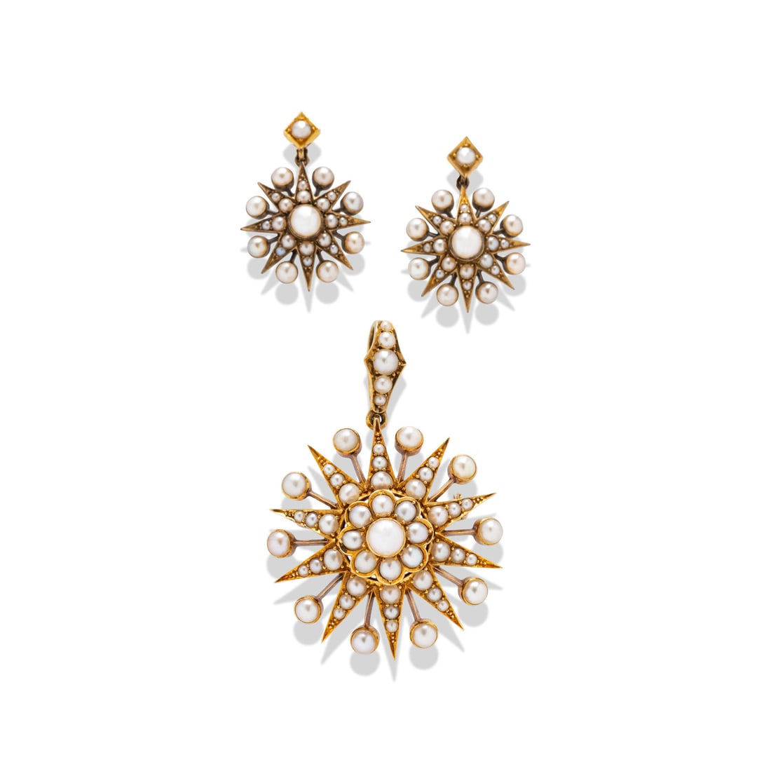 ANTIQUE, SEED PEARL PIN PENDANT AND EARRINGS: ANTIQUE, SEED PEARL PIN PENDANT AND EARRINGS Including one pin pendant and a pair of earrings with seed pearls. Yellow gold. 2 x 1 1/2 inches, 1 inch long. Gross weight: 12.95 dwt. Property from the