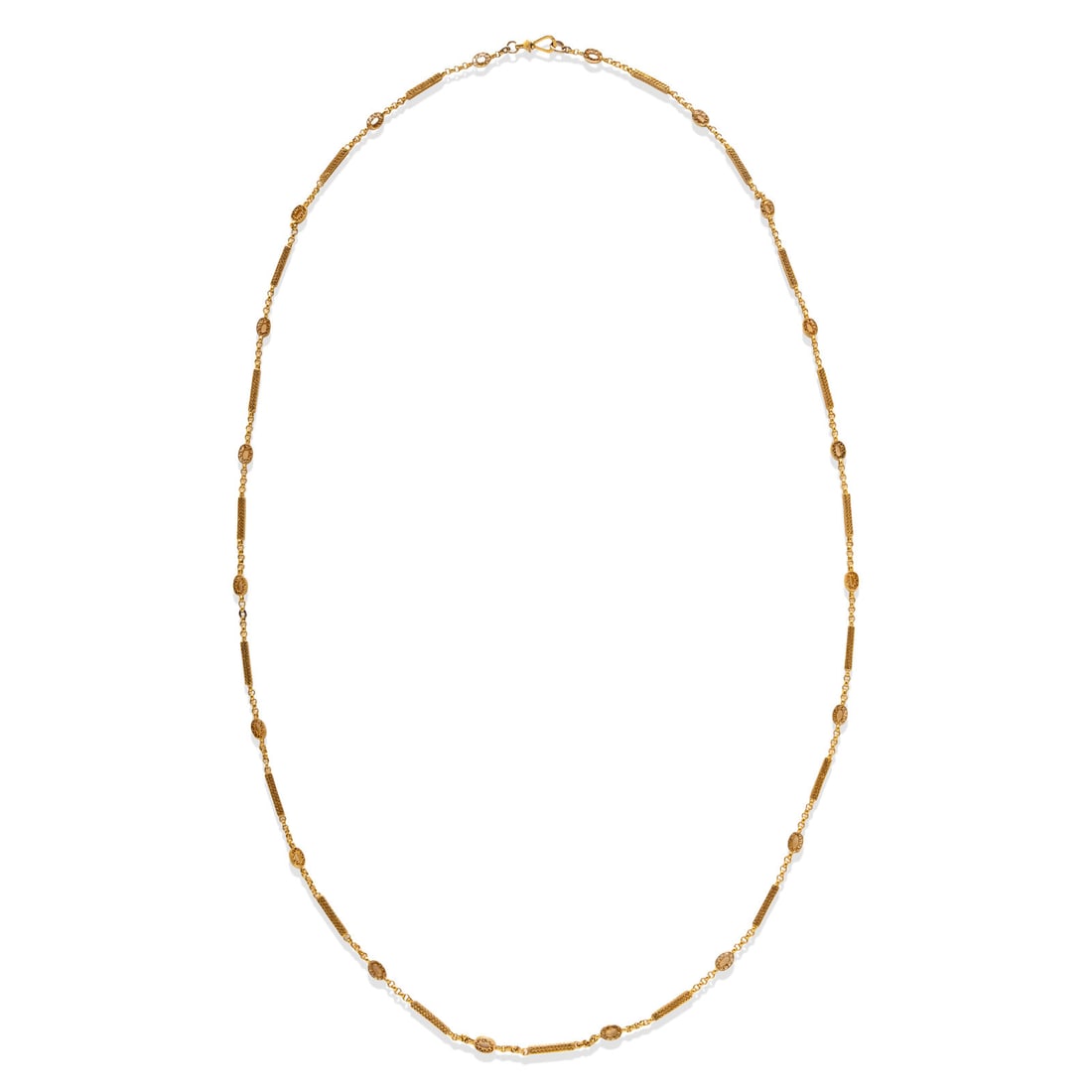 ANTIQUE, YELLOW GOLD FANCY LINK NECKLACE: ANTIQUE, YELLOW GOLD FANCY LINK NECKLACE In an openwork fancy link design. Mounted in yellow gold. 41 inches long. Gross weight: 30.80 dwt. Property from the Estate of Mrs. Joan S. Kanof, New York,