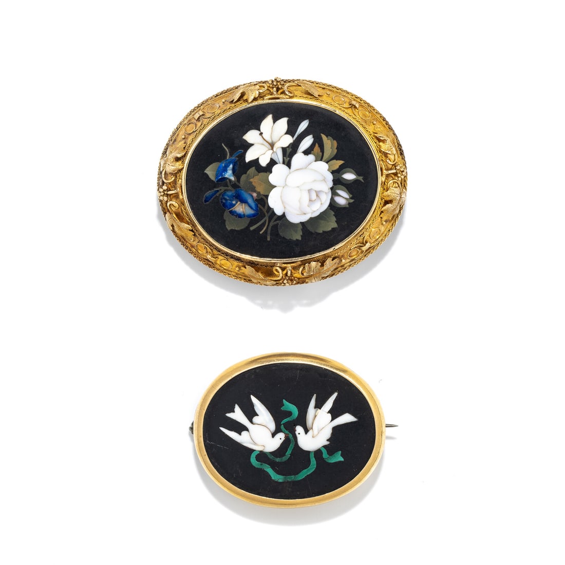 VICTORIAN, TWO PIETRA DURA BROOCHES: VICTORIAN, TWO PIETRA DURA BROOCHES One depicting a floral arrangement, and the other depicting a pair of doves with mother-of-pearl on the reverse. Yellow gold and 18 karat yellow gold. 2 1/4 x 1