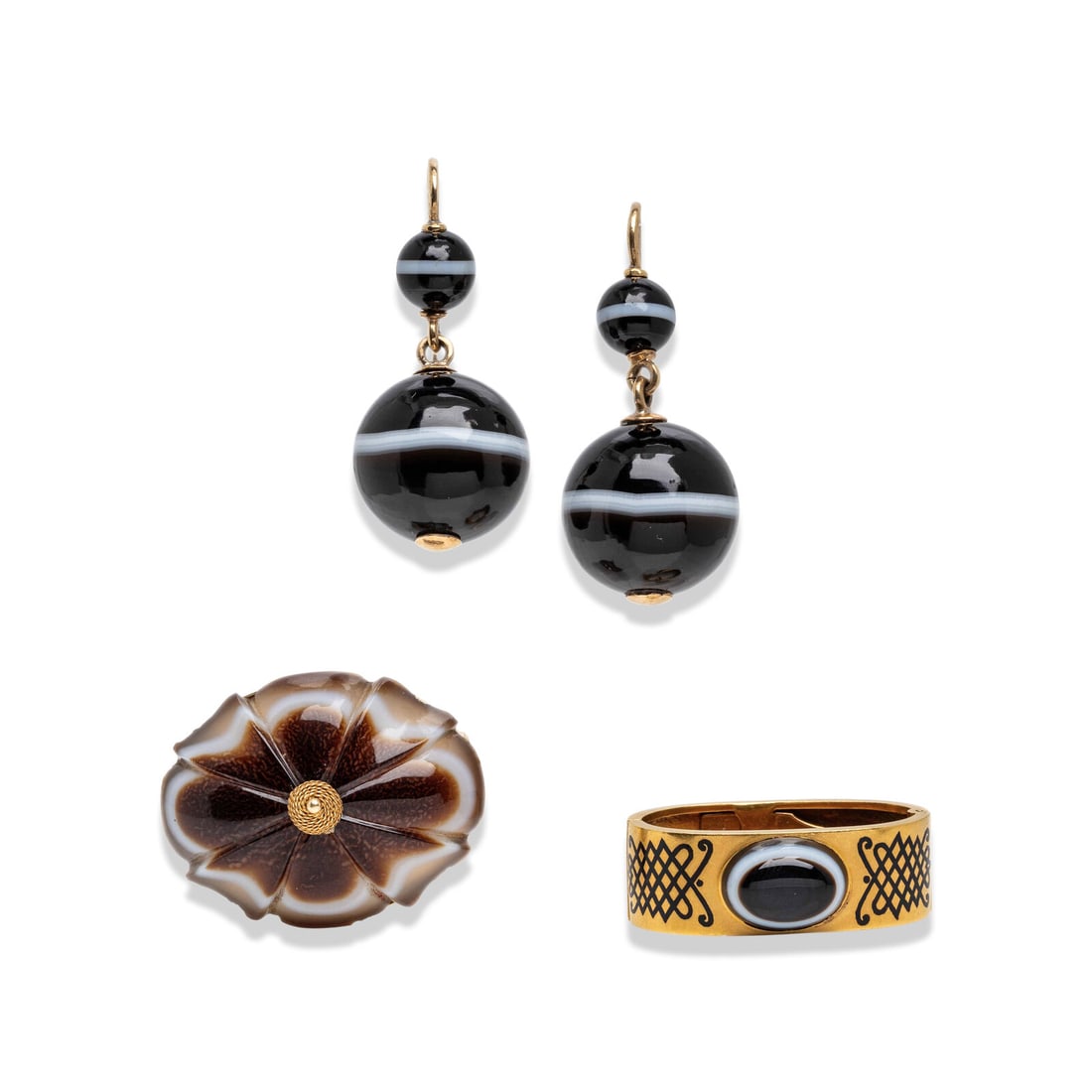 VICTORIAN, COLLECTION OF BANDED AGATE AND YELLOW GOLD JEWELRY: VICTORIAN, COLLECTION OF BANDED AGATE AND YELLOW GOLD JEWELRY Including a pair of earrings set with banded agate measuring approximately 7.80 - 17.20 mm, a brooch set with carved banded agate, and a s