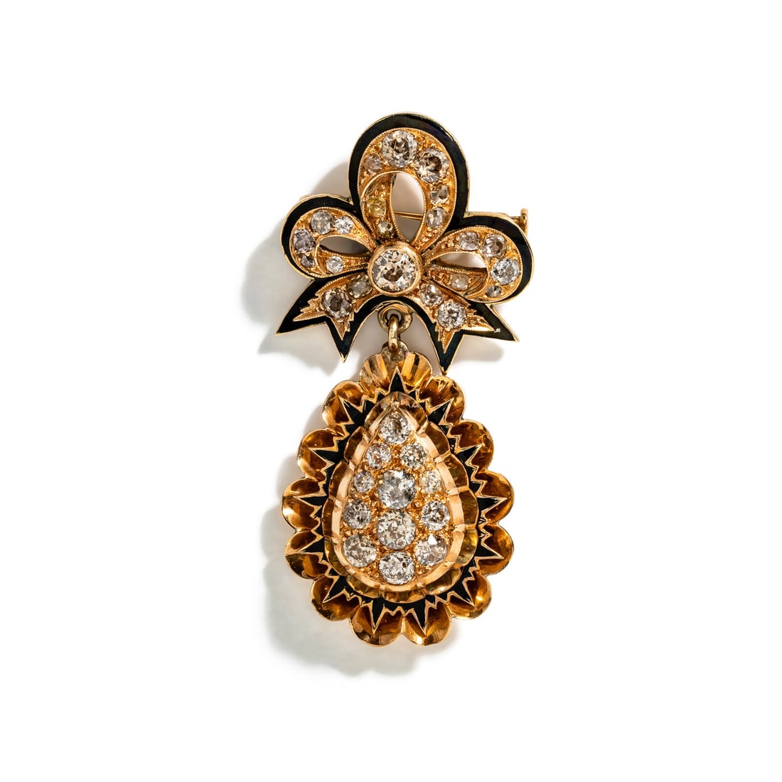 ROSE GOLD, DIAMOND, AND ENAMEL PIN PENDANT: ROSE GOLD, DIAMOND, AND ENAMEL PIN PENDANT Old European, old mine, and single cut diamonds weighing approximately 2.60 carats total, and black tracery enamel. Rose gold. 2 1/8 x 1 inches. Gross weight