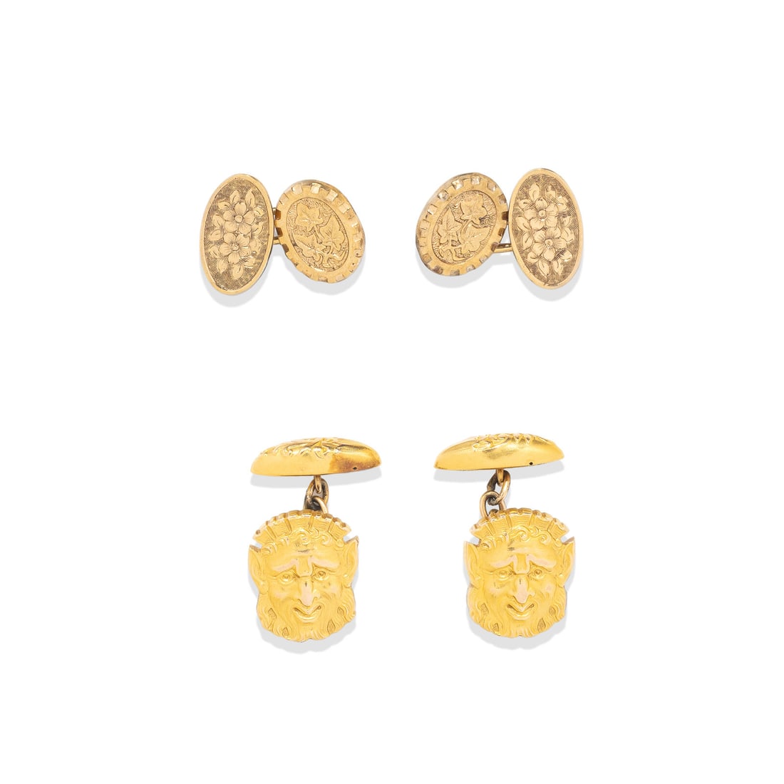 ART NOUVEAU, TWO PAIRS OF CUFFLINKS: ART NOUVEAU, TWO PAIRS OF CUFFLINKS Two pairs of cufflinks. Low karat yellow gold and yellow gold. Each 5/8 inch long. Oval cufflinks stamp: (British hallmark). Gross weight: 7.25 dwt. Property from