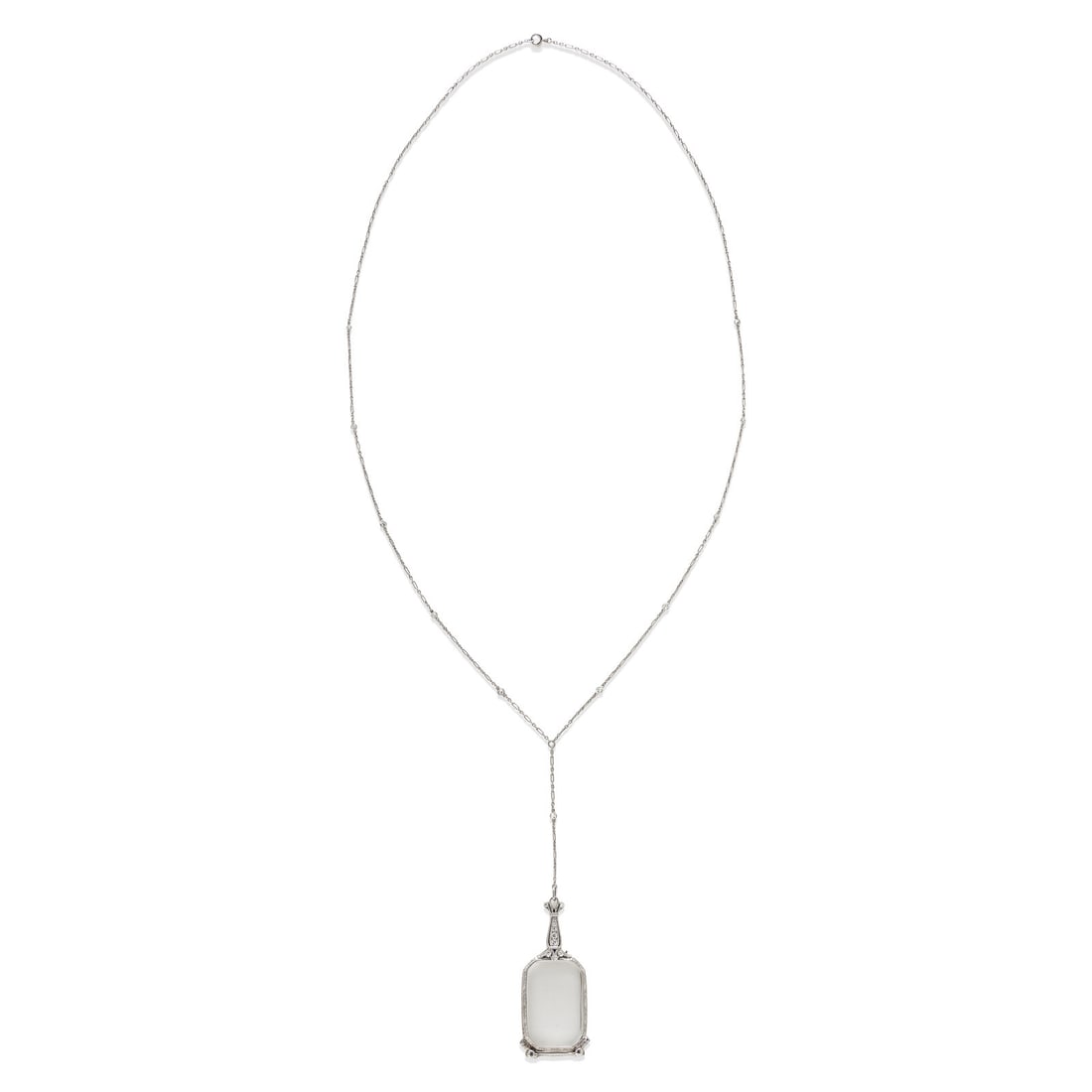 TIFFANY & CO., PLATINUM AND DIAMOND LORGNETTE: TIFFANY & CO., PLATINUM AND DIAMOND LORGNETTE The lorgnette set with single and transitional cut diamonds weighing approximately 0.20 carat total and black enamel accents, on a chain set with old