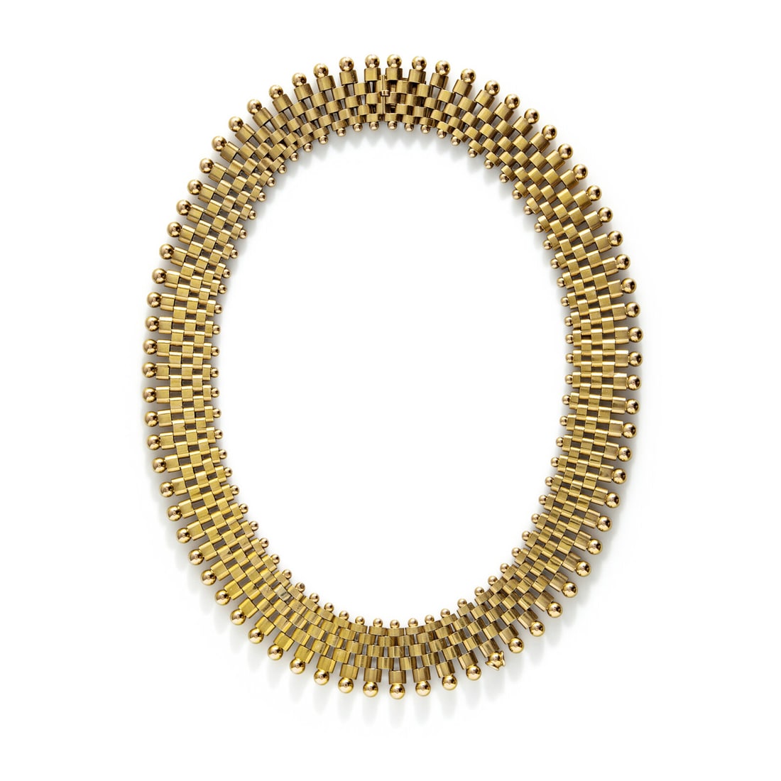 YELLOW GOLD FANCY LINK COLLAR NECKLACE: YELLOW GOLD FANCY LINK COLLAR NECKLACE 15 karat yellow gold. 16 inches long, 3/4 inch wide. Stamp: 15. Gross weight: 29.75 dwt. Property from the Estate of Mrs. Joan S. Kanof, New York, New York This