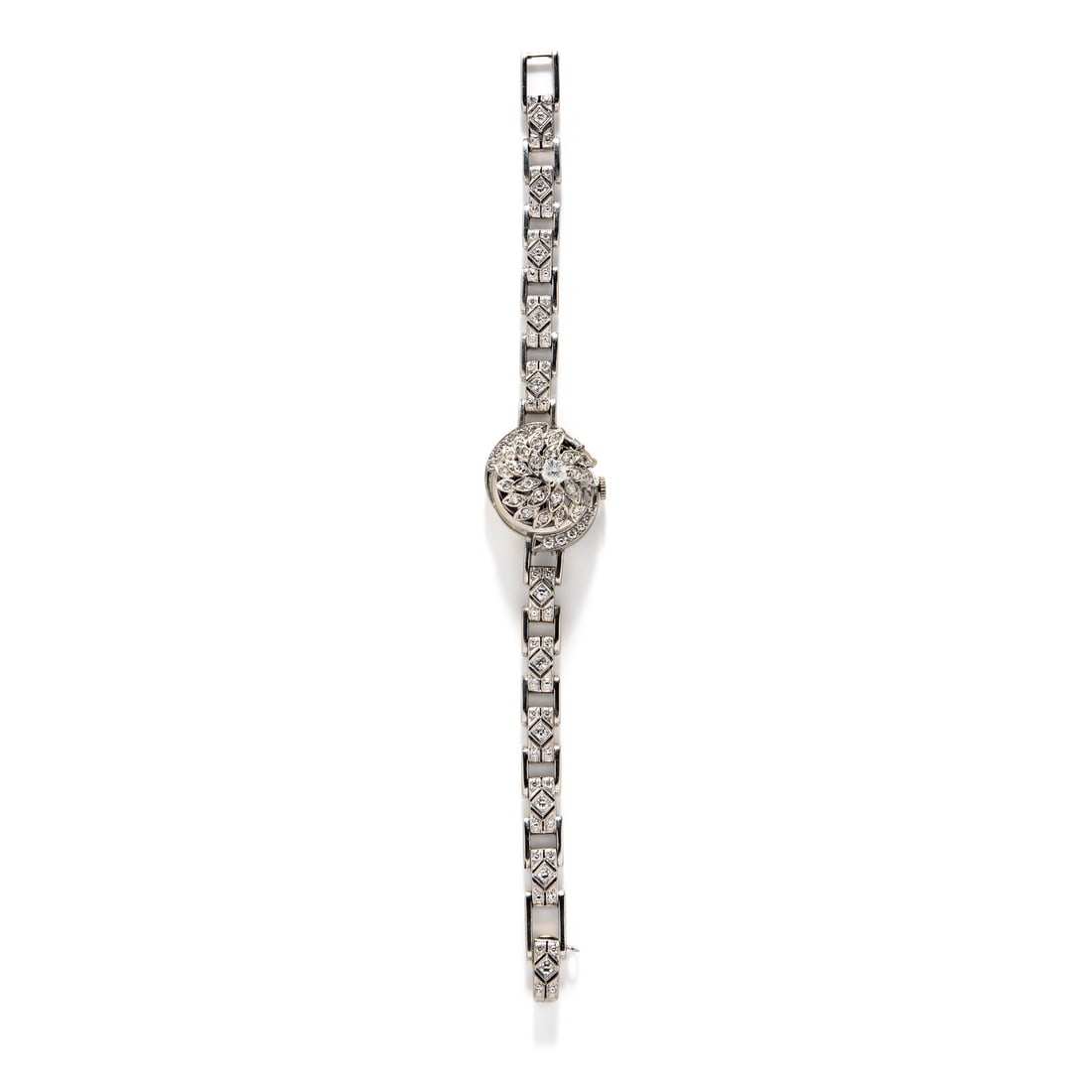 HAMILTON, 14K WHITE GOLD AND DIAMOND SURPRISE WATCH: HAMILTON, 14K WHITE GOLD AND DIAMOND SURPRISE WATCH Maker: Hamilton Year: Circa 1950s Case size: Approx. 17 mm Case material: 14K white gold Bezel: Surprise watch, cover set with transitional, old Eur