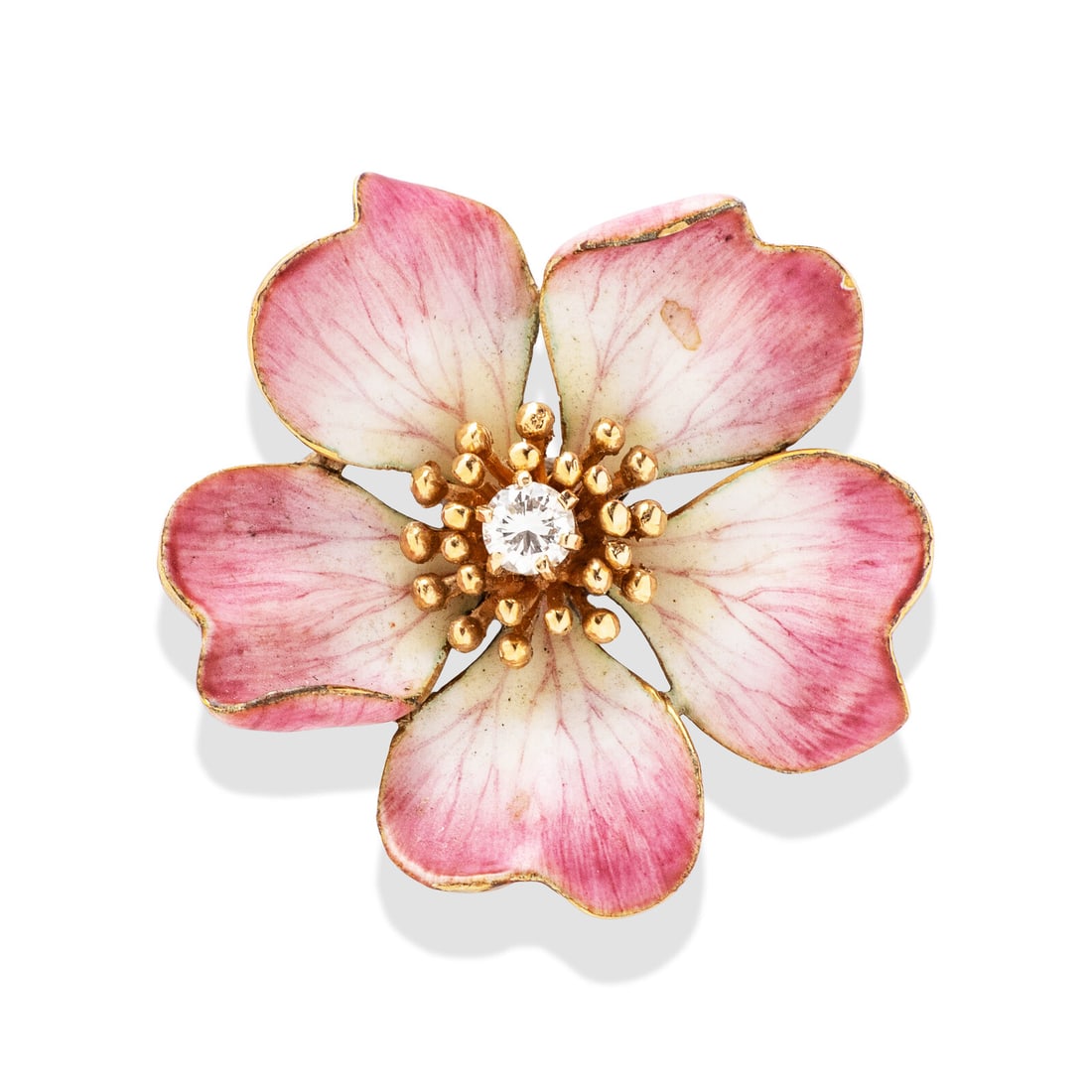 ENAMEL, DIAMOND, AND YELLOW GOLD CHERRY BLOSSOM PENDANT BROOCH: ENAMEL, DIAMOND, AND YELLOW GOLD CHERRY BLOSSOM PENDANT BROOCH Polychrome enamel and a transitional cut diamond. Yellow gold. 1 1/8 x 1 1/8 inches. Gross weight: 5.35 dwt. Property from the Estate of