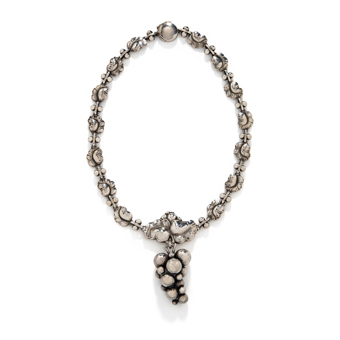 HARALD NIELSEN FOR GEORG JENSEN, STERLING SILVER 'MOONLIGHT GRAPE' NECKLACE: HARALD NIELSEN FOR GEORG JENSEN, STERLING SILVER 'MOONLIGHT GRAPE' NECKLACE Sterling silver chain and pendant. 16 1/2 inches long with a 1 1/4 inch drop. Stamp: (Georg Jensen maker's mark) 925 S