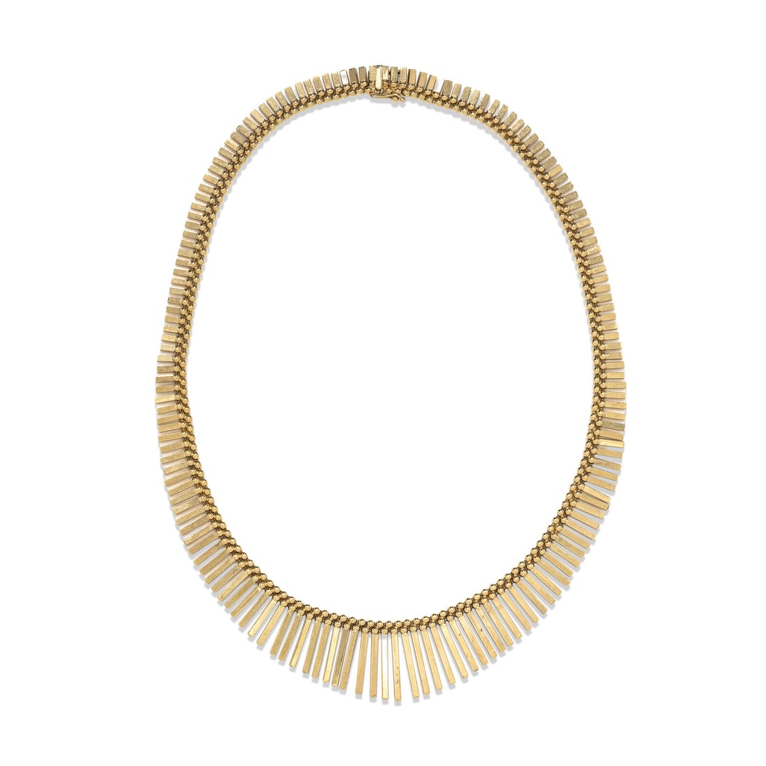 YELLOW GOLD FRINGE NECKLACE: YELLOW GOLD FRINGE NECKLACE 14 karat yellow gold. 17 inches long. Stamp: 14K Italy UNOAERRE BREV. Gross weight: 27.35 dwt. Property of an Atlanta Collector This lot is located in Chicago.