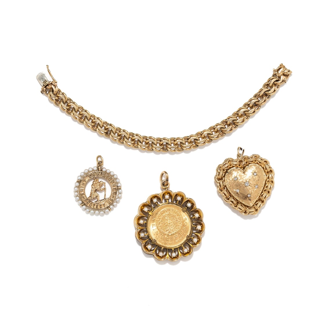 YELLOW GOLD BRACELET WITH CHARMS: YELLOW GOLD BRACELET WITH CHARMS Including one gold 20 Pesos coin charm with a seed pearl frame, a St. Christopher charm with a seed pearl frame, and a heart shaped locked with round diamonds
