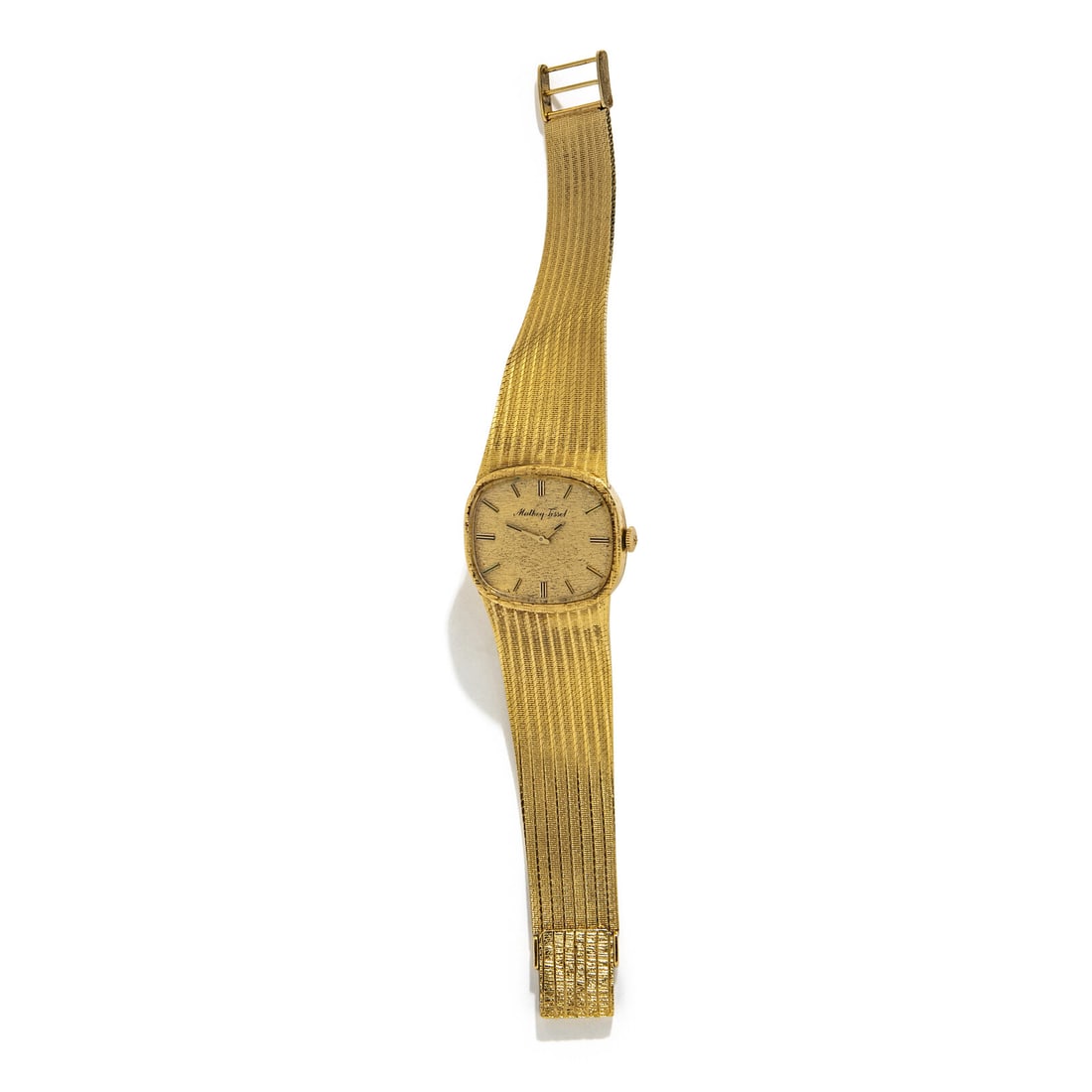 MATHEY TISSOT, 14K YELLOW GOLD WATCH: MATHEY TISSOT, 14K YELLOW GOLD WATCH Maker: Mathey Tissot Case size: Approx. 3 mm x 2 1/2 mm Case material: 14K yellow gold Dial: 14k yellow gold Movement: Manual Bracelet/Strap: 14K yellow gold