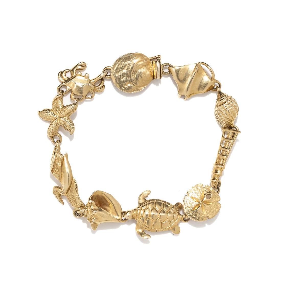 YELLOW GOLD BEACH THEMED FANCY LINK BRACELET: YELLOW GOLD BEACH THEMED FANCY LINK BRACELET Yellow gold. 7 3/8 inches long. Stamp: 14K. Gross weight: 13.15 dwt. Property from the Estate of Judy Chapman This lot is located in Chicago.
