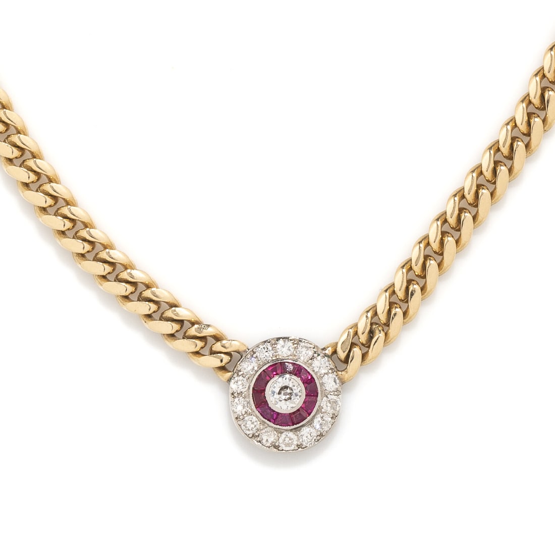 DIAMOND AND SYNTHETIC RUBY NECKLACE: DIAMOND AND SYNTHETIC RUBY NECKLACE Transitional and old European cut diamonds weighing approximately 0.95 carat total and calibré cut synthetic rubies. 14 karat yellow and white gold. 16 1/2