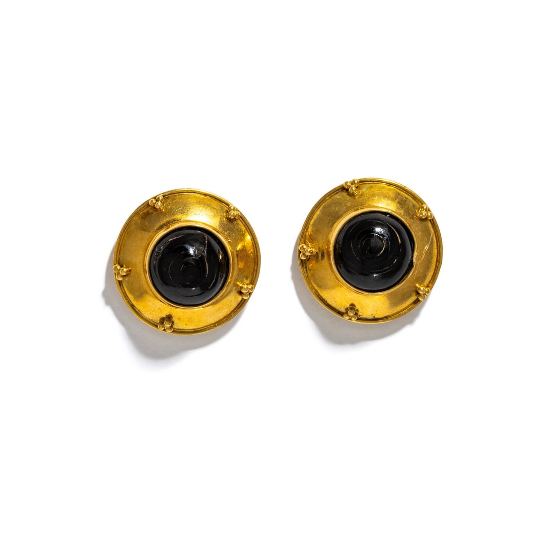 BLACK CORAL AND YELLOW GOLD EARRINGS: BLACK CORAL AND YELLOW GOLD EARRINGS Round cabochon black coral measuring approximately 13.00 mm. 18 karat yellow gold frame with applied granulation. 7/8 inch wide. Stamp: EVERETT 18K. Gross weight: