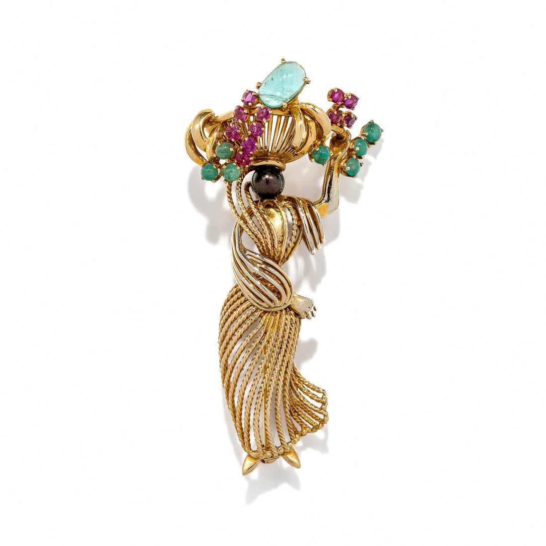 YELLOW GOLD AND MULTIGEM 'CARMEN MIRANDA' BROOCH: YELLOW GOLD AND MULTIGEM 'CARMEN MIRANDA' BROOCH Round and oval cabochon emeralds, round rubies, and a cultured black pearl (origin of color not tested). Yellow gold. 2 7/8 x 1 3/8 inches. Gross